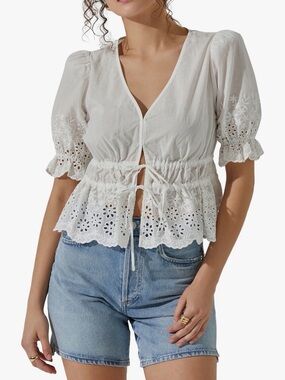 ASTR The Label White Eyelet Tie-Front Top